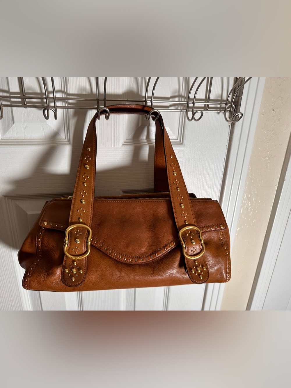 Michael Kors Tan Brown Leather Shoulder Bag Gold Stud Accents Y2K Satchel Retro